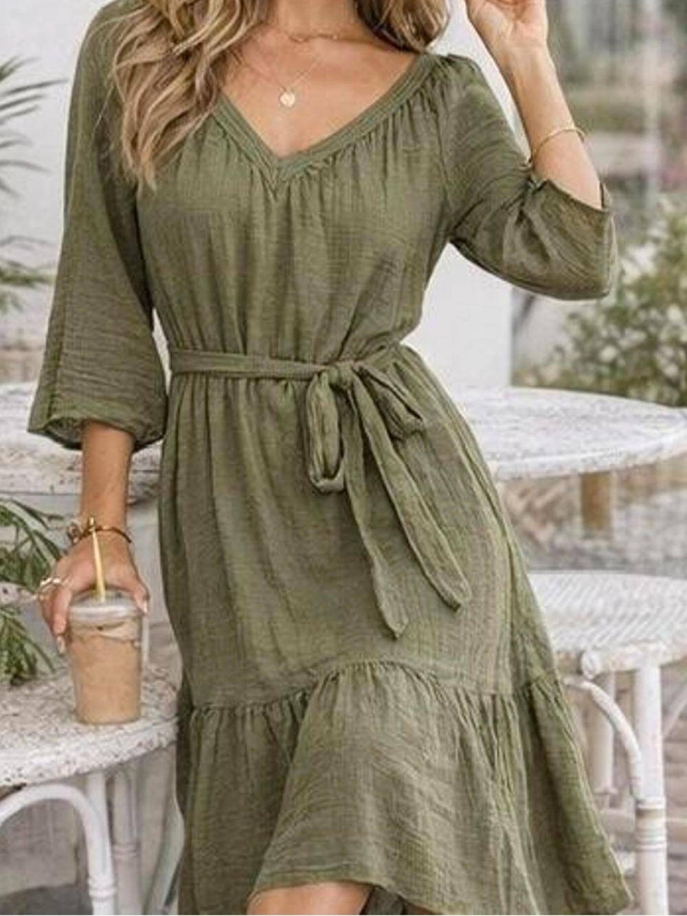 Lucky Brand Olive Cotton Gauze Tie Waist Midi Dress XS Boho Cottagecore